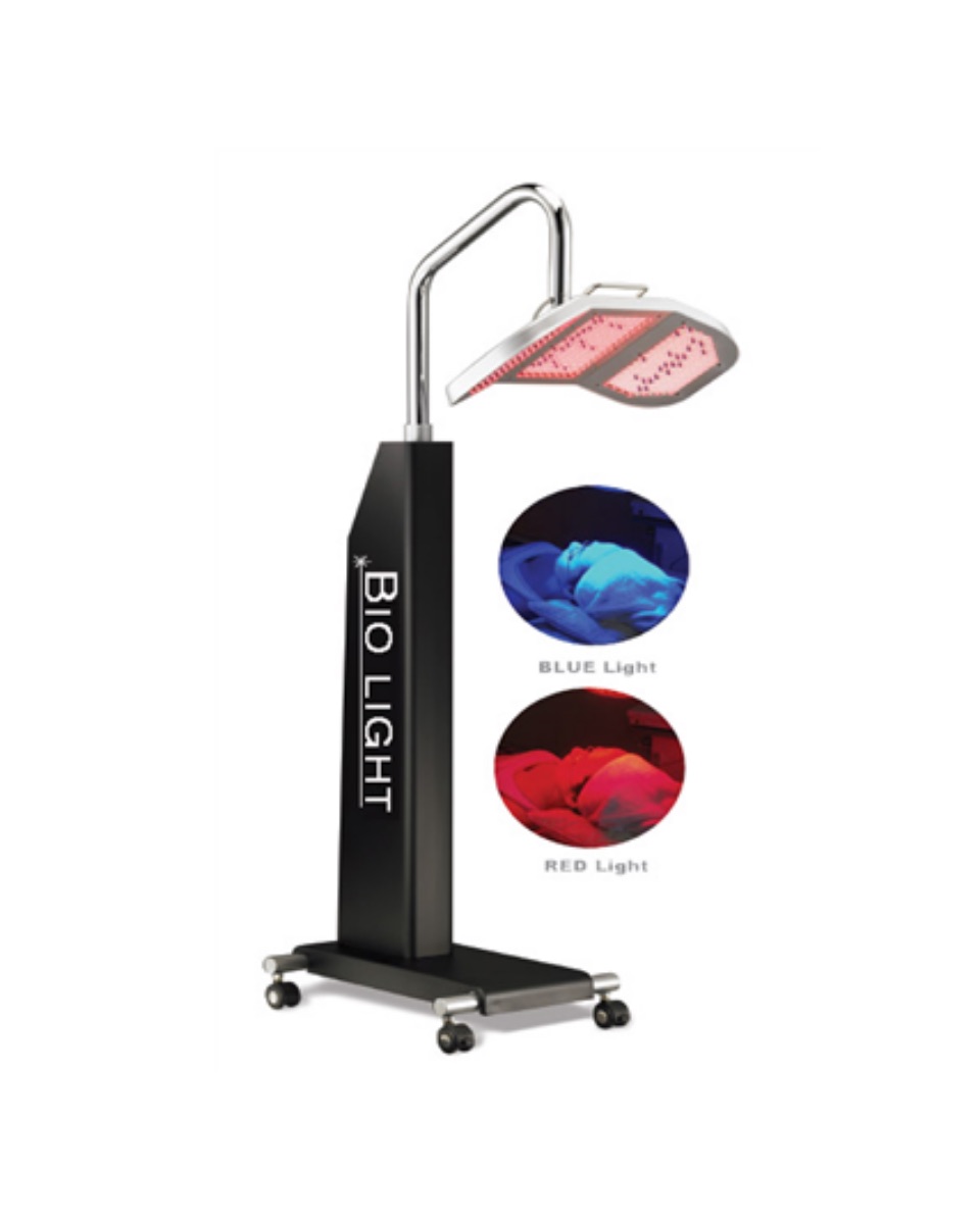 Bio Light LED therapy stand with blue and red light heads